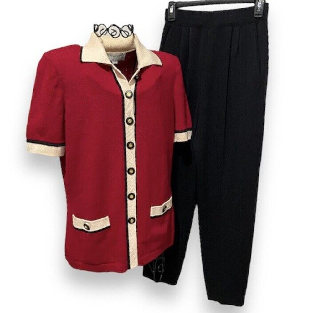 St John Collection Pants Suit Size Small Red Black Santana Knit by Marie Gray